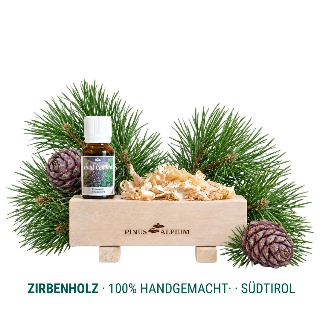Pinus Alpium Zirbenbrunnen mit Zirbenöl und Zirbenspänen vor Zirbenzweigen und Zapfen, Zirbenholz, 100% handgemacht, Südtirol